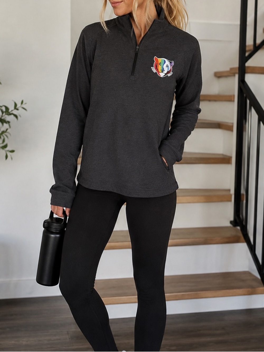 Sport-Tek Womens Small Rainbow Cat Graphic Quarter Zip Pullover Sweatshirt Gray